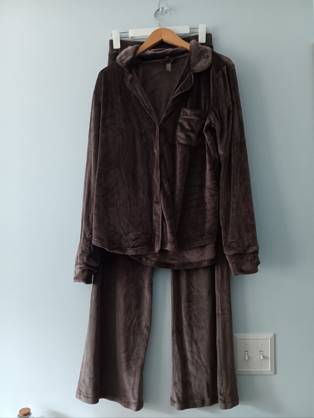SKIMS Velour Brown Pajama Set Long Sleeve Top and Wide Leg Pants S